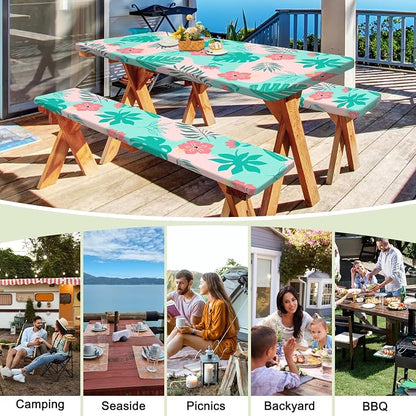 Picnic Table and Bench Cover Set, Waterproof Fitted Elastic Cloth | Portable Camping Essentials With Built-In Storage Pocket And Waterproof Fabric For Outdoor RV Or Picnic Table Use