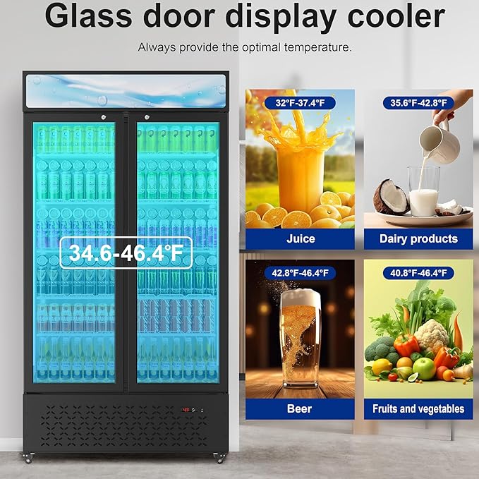 Beverage Cooler Commercial Refrigerator 30.3 Cu.Ft. Glass Door Display Refrigerator with LED Light, 10 Shelves, Display Commercial Beverage Refrigeratorfor Restaurant Cafe Bar Store (30.3 Cu.Ft.)