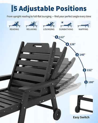 HDPE Lounge Chair Outdoor with Cup Holder, 5-Position Backrest & Wheels | All-Weather & Wood Textured for Patio Poolside Deck Backyard, Black