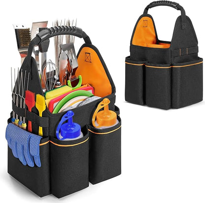 HODRANT Grill Utensil Storage Bag, Portable BBQ Tool Caddy with Divider & Boards, Large Grilling Tool Box with Pockets & Handle, Outdoor Barbecue Accessories Case for Camping & Kitchen, Bag Only