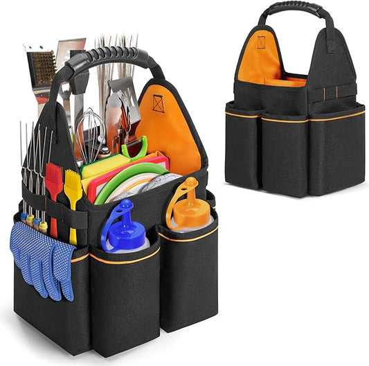 HODRANT Grill Utensil Storage Bag, Portable BBQ Tool Caddy with Divider & Boards, Large Grilling Tool Box with Pockets & Handle, Outdoor Barbecue Accessories Case for Camping & Kitchen, Bag Only