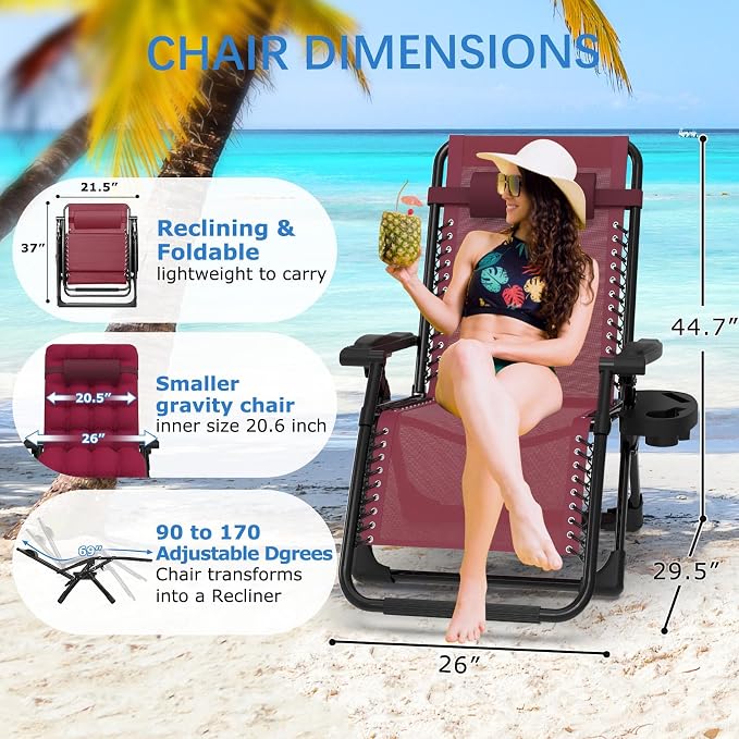 Slendor Zero Gravity Chair, Recliner Lounge Chairs with Cushion, Wine Red | Reclining Lounge Chair, Folding Anti Gravity Chairs w/Upgraded Lock, Removable Upgraded&Headrest, 440lbs, for Indoor Outdoor