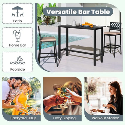 Giantex Outdoor Rectangle Bar Table with Counter Height, Slatted Top & Footrest, Heavy-Duty Metal Frame, 400Lbs Capacity, High Pub Table for Patio, Deck, Yard, Hot Tub, Balcony, Black (48")