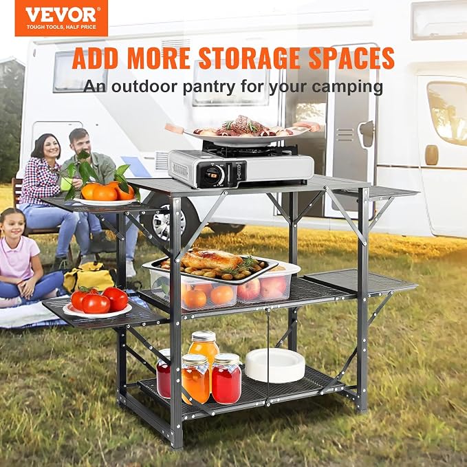 VEVOR Camping Kitchen Table, Aluminum Folding Portable Outdoor Cook Station with 4 Iron Side, 2 Shelves & Carrying Bag, Quick Installation for Picnic BBQ Beach Traveling