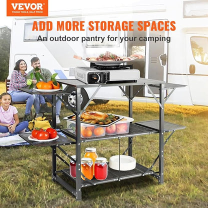 VEVOR Camping Kitchen Table, Aluminum Folding Portable Outdoor Cook Station with 4 Iron Side, 2 Shelves & Carrying Bag, Quick Installation for Picnic BBQ Beach Traveling