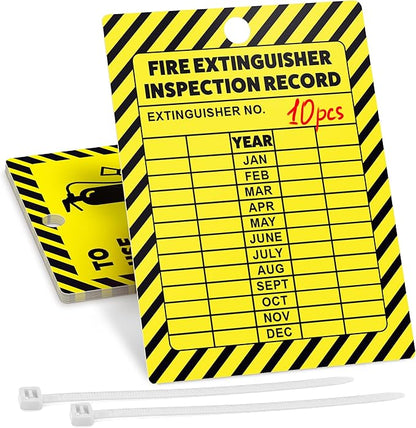 Fire Extinguisher Inspection Tags 2026-2029, Plastic 2.25 x 3 Inch Yellow for Indoor Outdoor Use, Durable Double-Sided Monthly Record and Pass Instructions, Include Zip Ties, 10 Pack