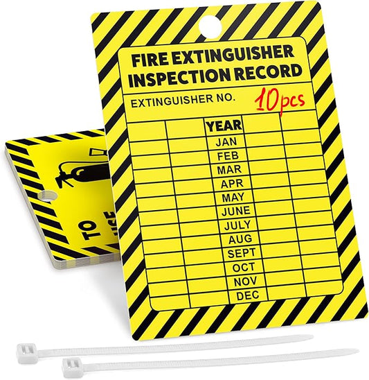 Fire Extinguisher Inspection Tags 2026-2029, Plastic 2.25 x 3 Inch Yellow for Indoor Outdoor Use, Durable Double-Sided Monthly Record and Pass Instructions, Include Zip Ties, 10 Pack