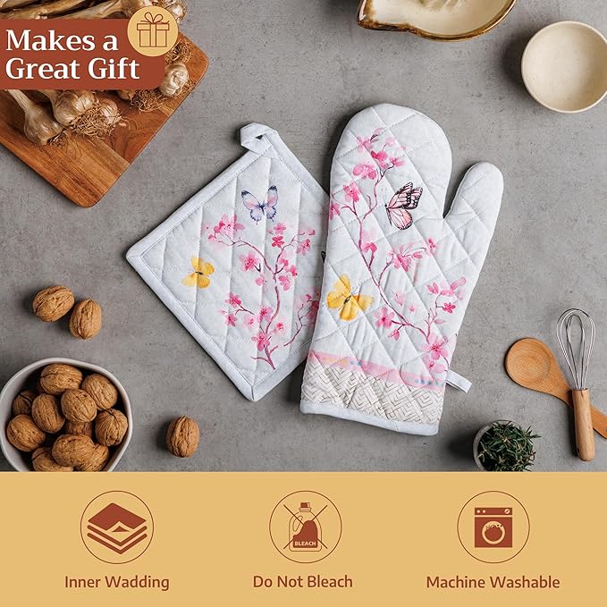 Maison d' Hermine Pot Holders 100% Cotton Heat Resistant Potholders 8" x 8" Hot Pads with Loop Cooking Baking Hotel Farmhouse Kitchen Handling Hot Pans Spring Summer (Pack of 2, Blossoms in Spring)
