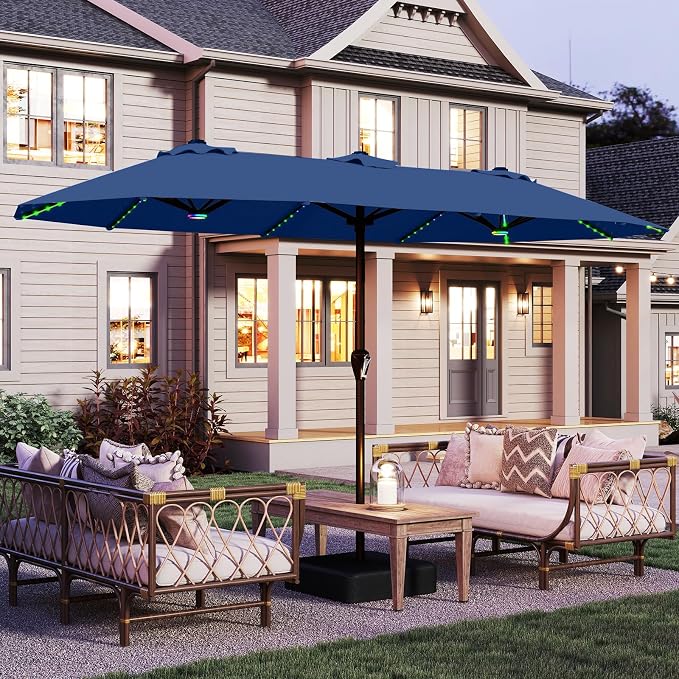 AreShark 15FT Large Rectangular Patio Umbrella with Solar Lights, Deep Navy | Rectangle Lighted Outdoor Umbrella with Crank, Double-Sided Market Umbrella with Base for Porch, Lawn, Pool, Backyard
