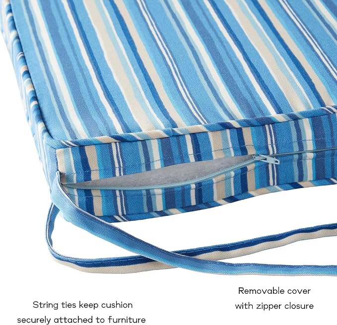 Outdoor 18 inch Square Patio Dining Chair Pads – Comfortable Fiber-Filled Seat Cushions with Ties, Reversible Polyester Fabric - Sapphire Stripe, Set of 4