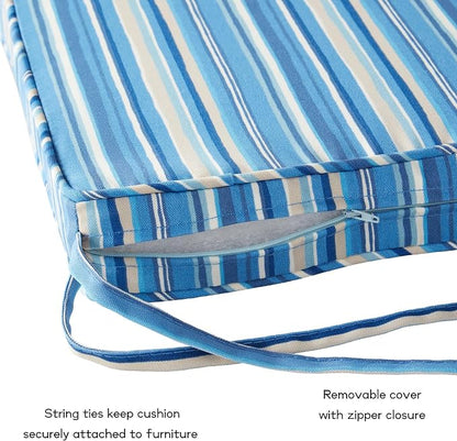 Outdoor 18 inch Square Patio Dining Chair Pads – Comfortable Fiber-Filled Seat Cushions with Ties, Reversible Polyester Fabric - Sapphire Stripe, Set of 4