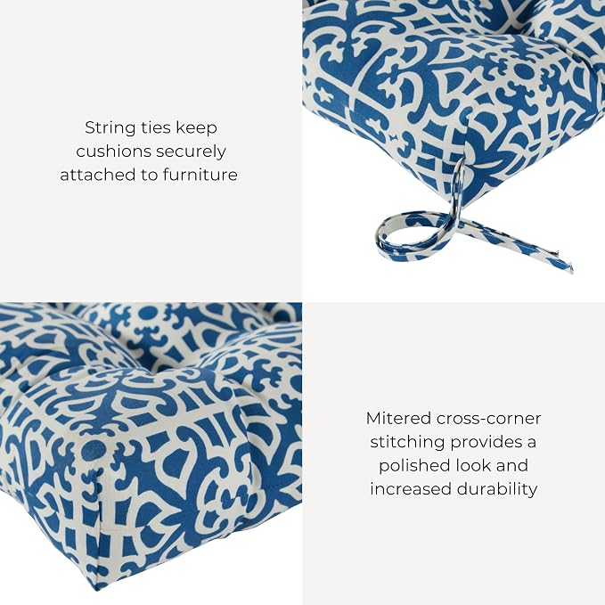 Outdoor Tufted High-Back Chair Cushions, One-Piece Hinged Seat and Back Design, Reversible with 4 Ties, Durable Polyester Fabric, Recycled Fiber Fill - Set of 2, Indigo Lattice