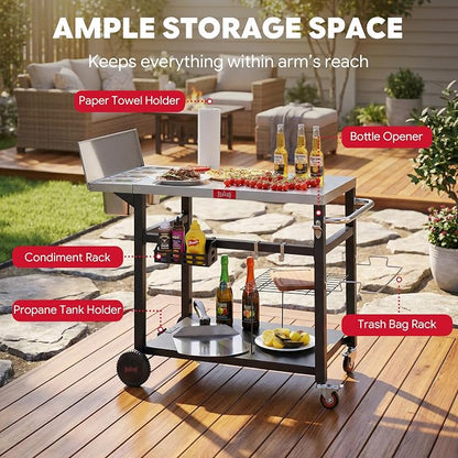 Feasto Outdoor Pizza Prep Cart with Topping Station & Stainless Steel Top | Integrated Pizza Topping Station with Lid, Food-Grade Prep Tabletop, Lockable Wheels (2x1.5L+2x0.9L Containers Included)