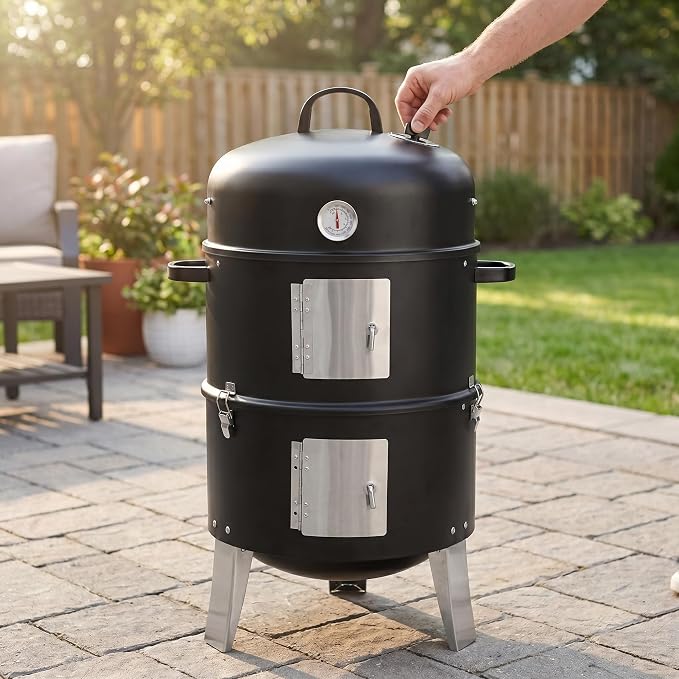 BBQ Charcoal Grill, Vertical Barrel Smoker with Double Cooking Grates, Built-In Thermometer and Air Vent, Portable Outdoor Grill for Backyard BBQ, Camping and Parties, Black