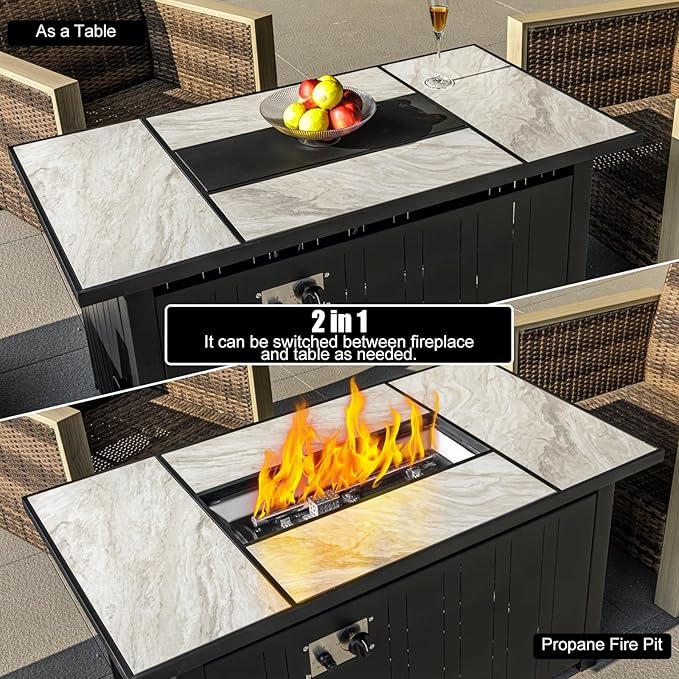 OutVue 47" Propane Fire Pit Table with Real Ceramic Tabletop, 50000 BTU Gas Firepit Table with Lid & Lava Stones, Outdoor Fire Pit for Dining or Party, Firepit for Outside, Patio