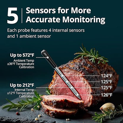 Wireless Meat Thermometer with WiFi 5G & Bluetooth 5.4, Smart Meat Thermometer for BBQ、Oven, Food Thermometer Digital with 4 Probes & 5 Sensors, NIST Accuracy, Apple Watch Alerts, 25H Use, Waterproof