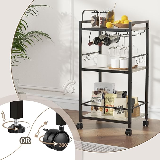 Bar Cart for The Home, 3 Tier Kitchen Carts with Wheels, Small Rolling Cart with Glass Holders, Wine Rack, Mini Bar Cart for Kitchen, Dining Room, Living Room, 13.0" D x 17.0" W x 33.8" H, Greige