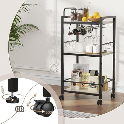 Bar Cart for The Home, 3 Tier Kitchen Carts with Wheels, Small Rolling Cart with Glass Holders, Wine Rack, Mini Bar Cart for Kitchen, Dining Room, Living Room, 13.0" D x 17.0" W x 33.8" H, Greige