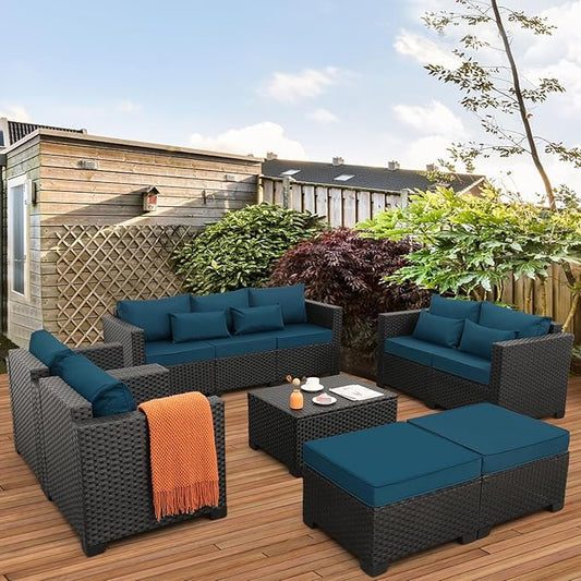 Rattaner Patio Furniture Set 7 Pieces Couch Outdoor Chairs Coffee Table Peacock Blue Anti-Slip Cushions and Waterproof Covers