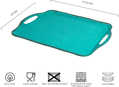 LEHAHA Large Farmhouse Melamine Serving Platters, Serving Tray with Handle for Food, Appetizer, Cupcakes, Dessert, Raised Edge Large Party Platter or TV Dinner Trays, 17.25x12 inch, Set of 2, Teal