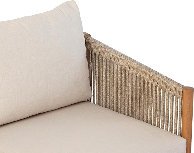 Christopher Knight Home Bubi Acacia Wood Outdoor 3 Seater Sofa with Cusion, Solid Wood Patio Sofa with Woven Rope Accents, Comfy Lounge Sofa for Patio Furniture Set, Teak+Beige