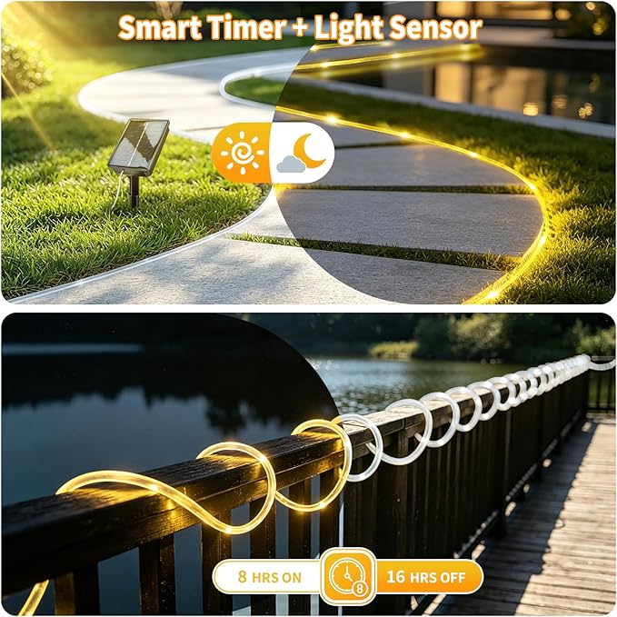 Solar Rope Lights Outdoor Waterproof 33FT 100LED with Timer, Upgraded Solar Panel with Higher Conversion Rate & Waterproof Ring, Solar String Lights 8 Lighting Modes for Patio Garden Yard Decorations