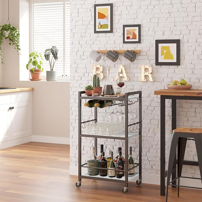 TUTOTAK Bar Cart with Wheels, Drink Cart with Wine Rack and Glass Holder | 3-Tier 17 Inch Wide Home Bar Serving Carts, Small Mobile Kitchen Shelf with 6 Hooks, Marble White BC01BM032
