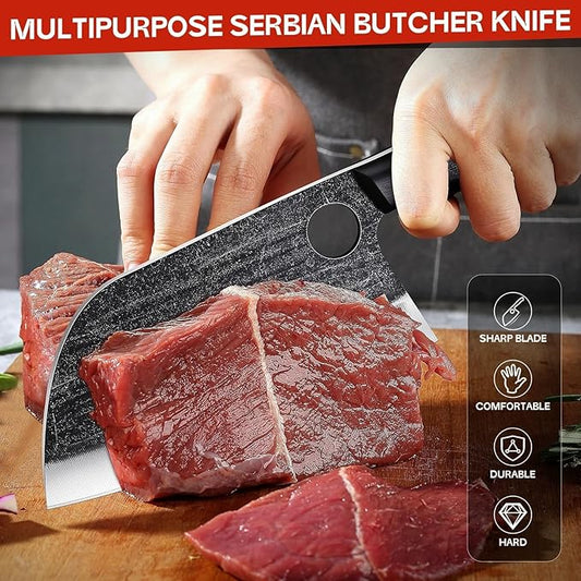TIJERAS Butcher Knife Set, 3PCS Hand Forged Meat Cleaver, Serbian Chef Knife, Viking Knives with Sheaths, Meat Cutting Chef Knives Set for Kitchen Camping BBQ, Gifts for Men and Women
