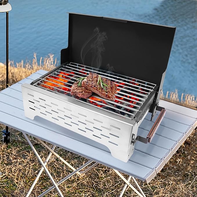 Portable Charcoal Grill，One-piece Windbreak Cover Outdoor BBQ Grill Stainless Steel Folding Barbecue Griddle in Garden Backyard Party Picnic Travel Outdoor Cooking