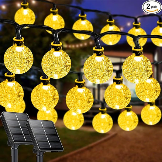 2-Pack 72FT 120 LED Crystal Globe Solar String Lights Outdoor, Waterproof Solar Powered Lights for Outside, 8 Lighting Modes Patio Decorations for Garden Yard Wedding Party Porch Xmas(Warm White)