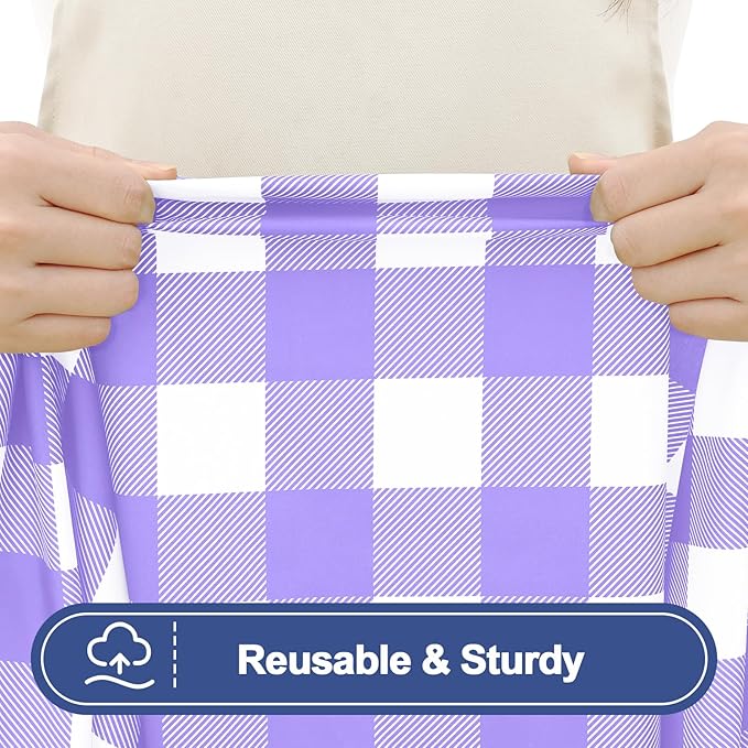 Smiry Picnic Table Cloth 2 Pack, Waterproof Elastic Fitted Tablecloths for 8FT Rectangle Tables, Washable Polyester Buffalo Plaid Tablecloth for Camping, Dining & Outdoor (Purple & White, 30" x 96")