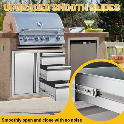 Outdoor Kitchen Drawer Combo Cabinet Stainless Steel Triple Drawers & Access Door, 28" W x 22" H x 19.5" D, Multi-Layer Design with Partition, Perfect for BBQ Grill Station