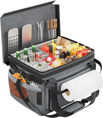 Large Grill Caddy with Lid, Foldable Organizer with Paper Towel Holder For Outdoor Picnic Camp Kitchen Accessory Storage, for BBQ Enthusiast, Black