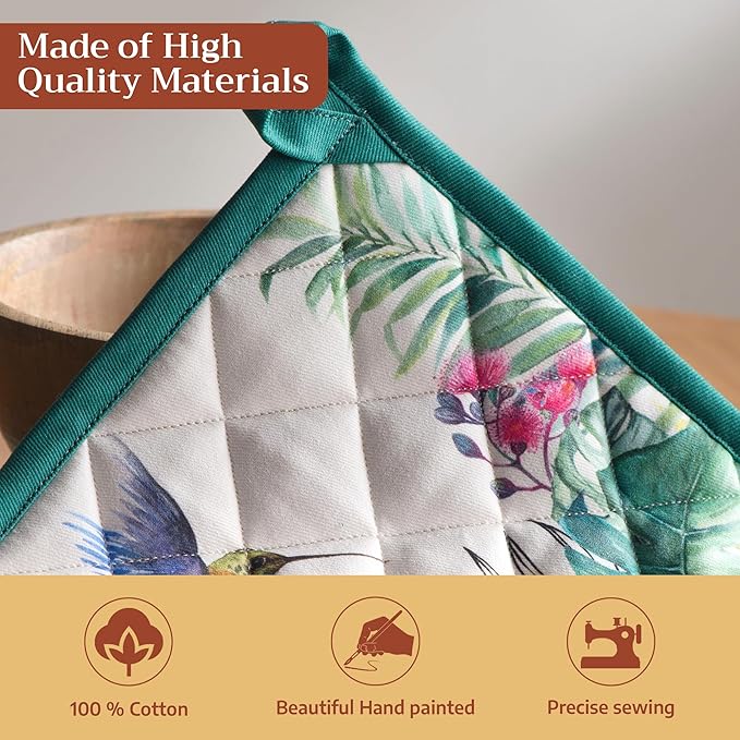 Maison d' Hermine 100% Cotton Oven Mitt & Pot Holder Set (7.5"x13" & 8"x8") Heat Resistant BBQ Cooking Gloves with Loop Baking Grilling Kitchen Hotel Home Farmhouse Spring Summer (Tropiques)