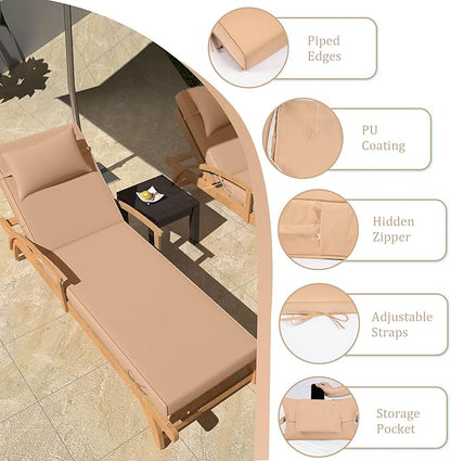 Chaise Lounge Cushions Outdoor Set of 2 Lounge Chair Cushion 72" L x 21" W with Headrest Straps 3'' Thick Waterproof Patio Chaise Cushions Pool Lounger Chair Cushion(Beige)
