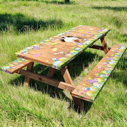 Easter Picnic Table Cover with Bench Covers, Cute Bunny Flower Brown Wooden Board Camping Tablecloth, Waterproof Windproof, Fitted Tablecloth Cover with Elastic Edge, for Outdoor, 3 PCS, 30x96 Inch