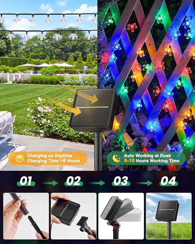 Brightown 60 LED Flower Solar String Lights Outdoor Waterproof, Fairy Lights for Garden Yard Fence Patio Christmas Tree Wedding Party Decor, Multicolor, 4 Pack