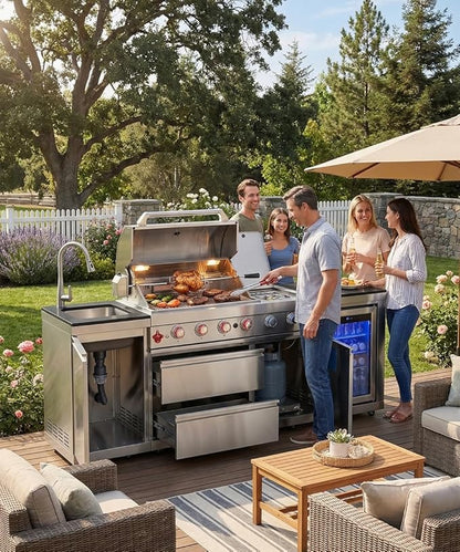 BBQ Outdoor Kitchen Island Grill Barbecue Modular Patio Kitchens Kits with Electric Rotisserie, Sink, fridge, and Burner for More than 10 People (Silver 85'')