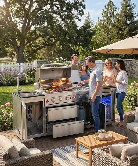 BBQ Outdoor Kitchen Island Grill Barbecue Modular Patio Kitchens Kits with Electric Rotisserie, Sink, fridge, and Burner for More than 10 People (Silver 85'')