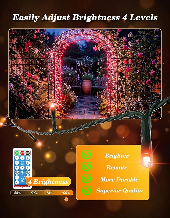 LitHome 2 Pack Solar String Lights Outdoor with Remote, Total 200LED 66FT | Solar Christmas Lights Outside Waterproof, 8 Modes String Light for Xmas Patio Garden Party Yard Tree Decor, Red