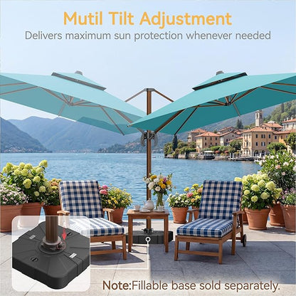 10x13 FT Wood Pattern Patio Umbrella, Large Deluxe Cantilever Rectangular Double Top Heavy Duty Offset Umbrellas with 360° Rotation, Outdoor shade for Garden Deck Pool Patio, Turquoise