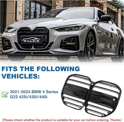 G22 Grille - Front Kidney Grille Double Slats Glossy Black Compatible with BMW 4 Series G22/G23 2021 2022 2023 2024 430i M440i ABS Gloss Black Kidney Grill