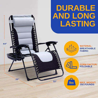 SereneLife Padded Zero Gravity Recliner Chair with Side Table, Gray | Lockable Recline, Cup Holder Tray And Padded Headrest Provide Comfortable Support For Patios, Camping And Outdoor Use