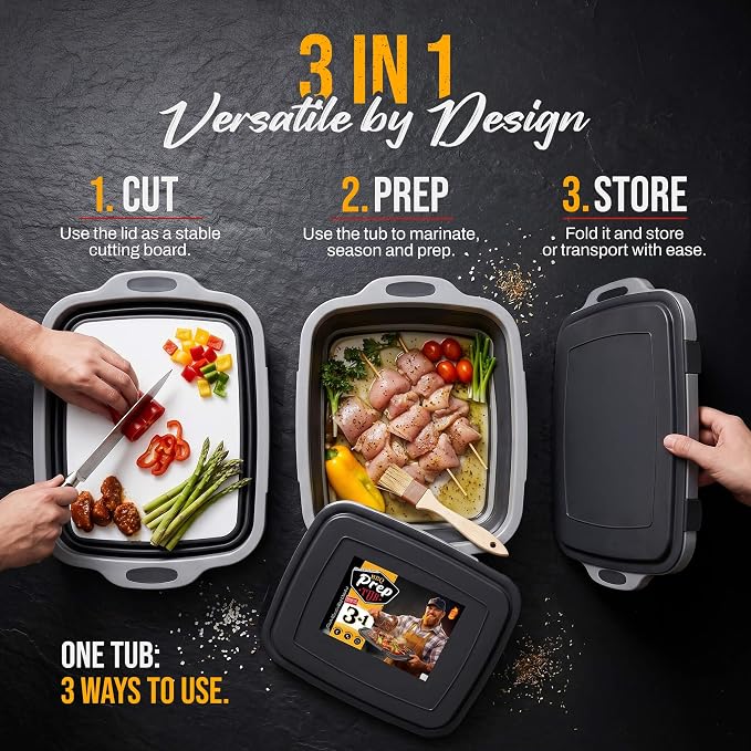 Collapsible BBQ Prep Tub with Lid & Cutting Board Medium 3-in-1 by Smoker Chef - 4.2 Gal - 20"L x 16.25"W x 7"D