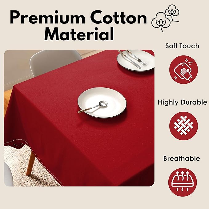 Tablecloth 52x70 Inch 100% Cotton Table Cover Decorative Washable Rectangle Tablecloths for Gifts, Kitchen, Dining, BBQ, Buffet & Camping - Red