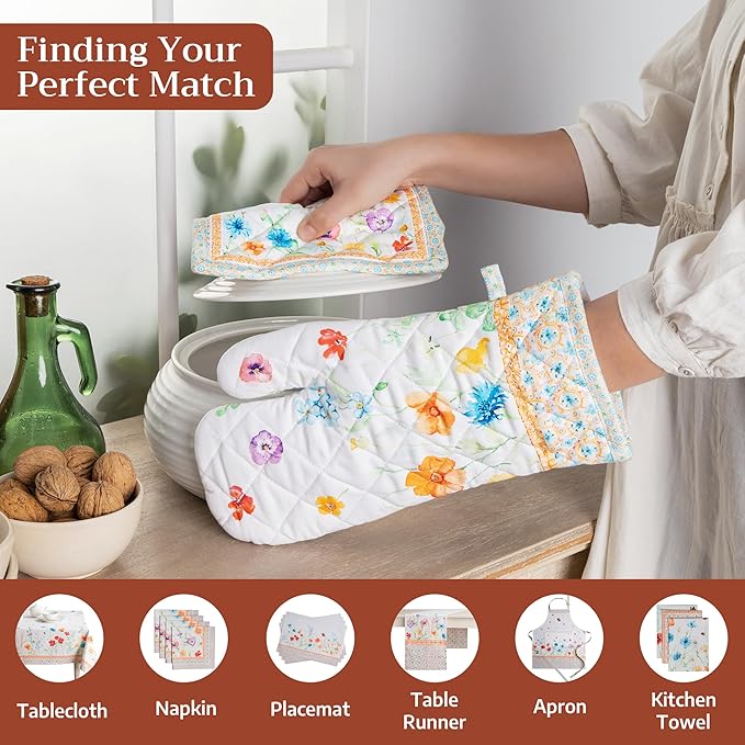 Maison d'Hermine Oven Gloves 100% Cotton Oven Mitt 7" x 13" with Loop Heat Resistant BBQ Cooking Gloves Baking Grilling Kitchen Hotel Home Farmhouse Spring Summer (Pack of 1, Summer Whisper)