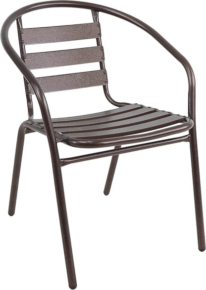 Indoor Outdoor 23.75" Restaurant Stainless Steel Aluminum Metal Slat Stack Commercial Lightweight, 3 Chairs with a Round Table, Silver/Bronze