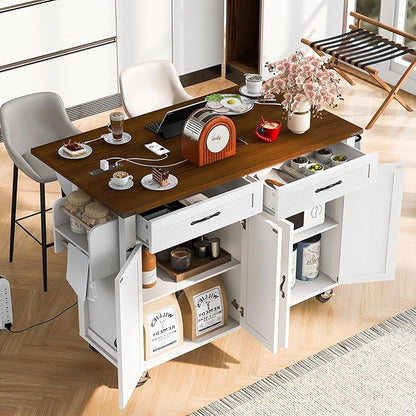 53.5''Farmhouse Kitchen Island with Power Outlet,Storage Cart W/Drop Leaf/Spice Rack/Drawer,Rolling KitchenCart on Wheels,for Home,Dining Room,White