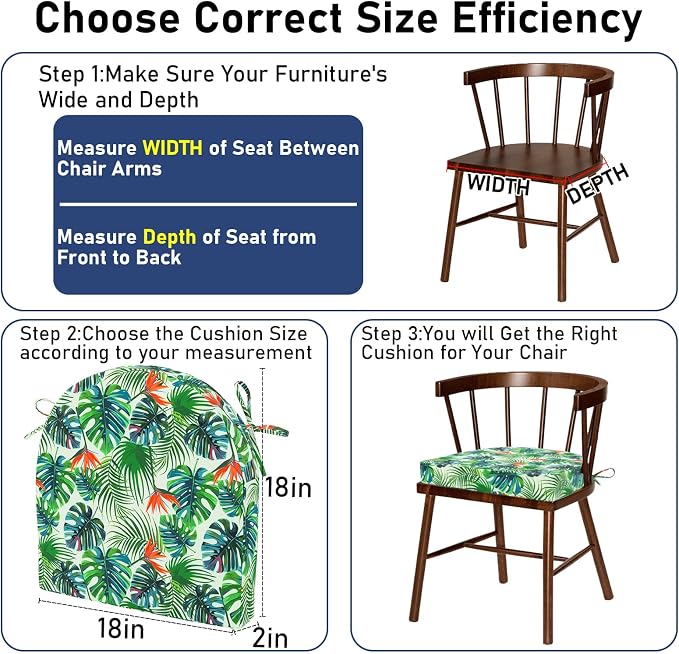 Topotdor Outdoor Chair Cushions Set of 2, Waterproof Patio Chair Cushions for Outdoor Furniture, Round Corner Seat Chair Pads with Ties for Patio Garden Dining Office, 18"x18"x2", Tropical Plant