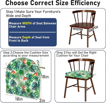 Topotdor Outdoor Chair Cushions Set of 2, Waterproof Patio Chair Cushions for Outdoor Furniture, Round Corner Seat Chair Pads with Ties for Patio Garden Dining Office, 18"x18"x2", Tropical Plant